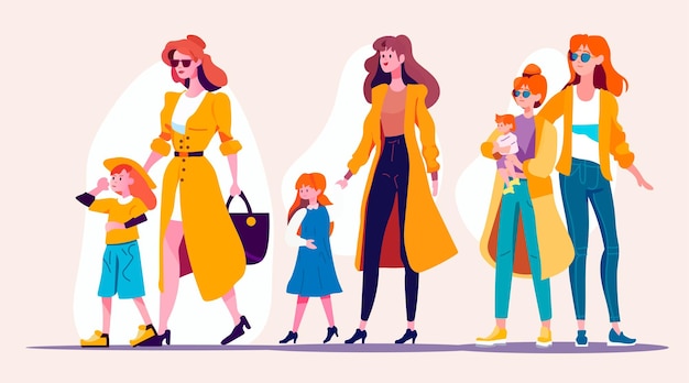 femmes marchant avec de petites filles aimant la famille parentalité concept de garde d'enfants modèle de carte de fête des mères filles passer du temps avec des enfants illustration vectorielle horizontale pleine longueur