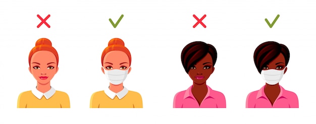 Vecteur femmes masquées. ensemble d'avatars féminins. illustration du coronavirus.