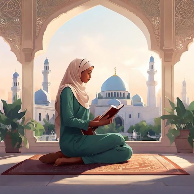 Des femmes musulmanes assises et tenant le Coran en vue de l'arrière-plan de la mosquée