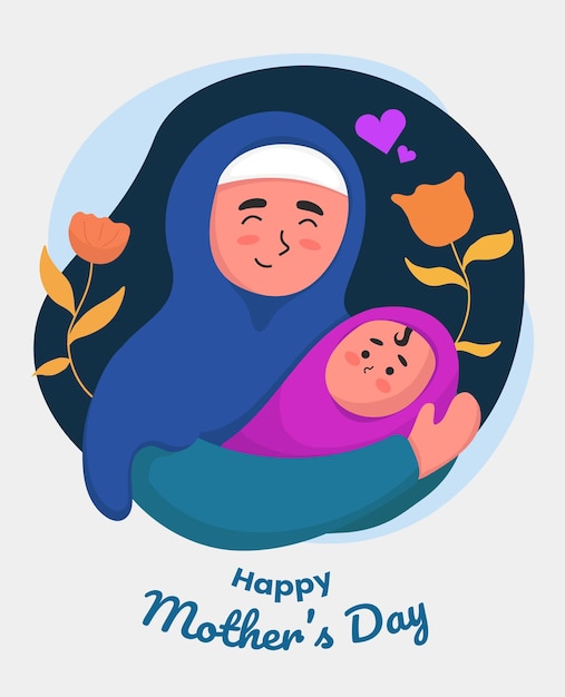 Femmes musulmanes heureuses plates tenant un bébé mignon sur l'illustration de la fête des mères