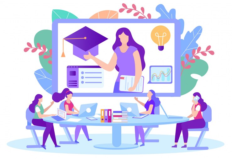 Vecteur femmes avec ordinateur portable assis à la table devant le moniteur. une enseignante donne une conférence en ligne.