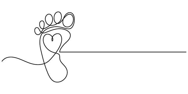Vecteur des femmes pieds nus près d'un dessin en ligne continue de pieds nus et d'empreintes d'élégance féminine