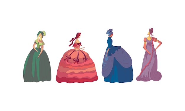 Des femmes en posture debout portant une robe à l'ancienne Vector Set