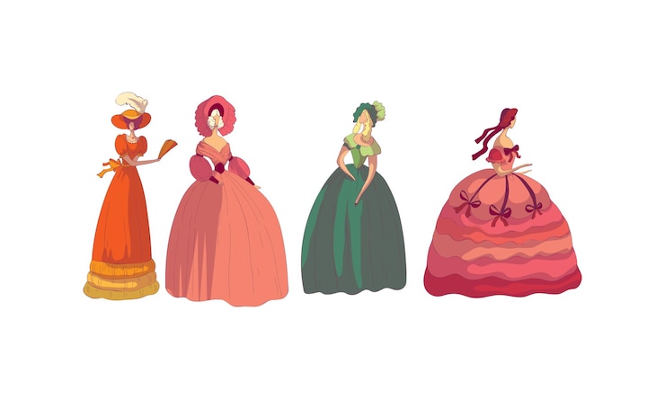 Vecteur des femmes en posture debout portant une robe à l'ancienne vector set