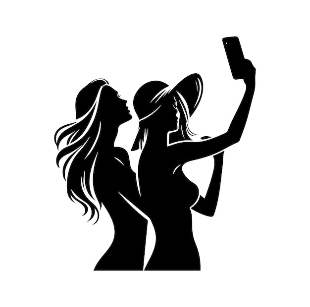 Des femmes prenant une pose de selfie en parlant sur un téléphone portable Set de femmes prenant un vecteur de silhouette de selfie.