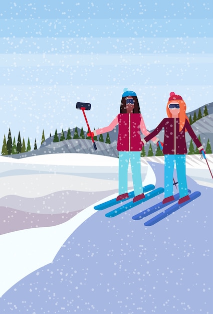 Femmes Prenant Selfie à La Montagne