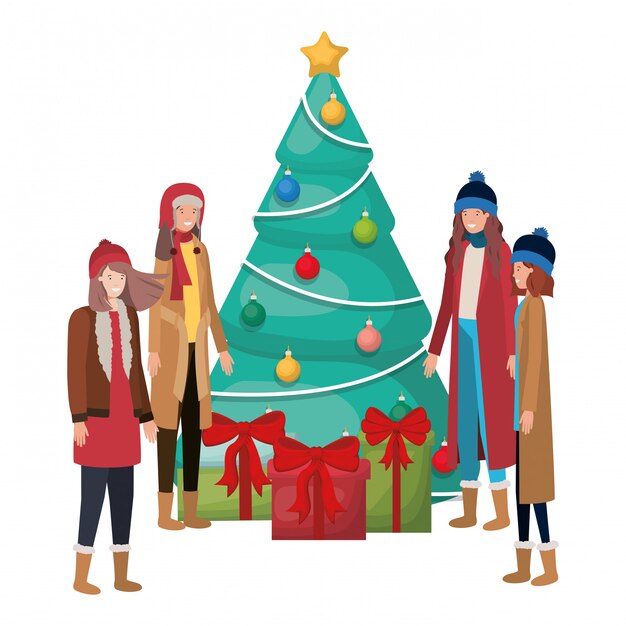 Vecteur femmes avec sapin de noël et cadeaux avatar