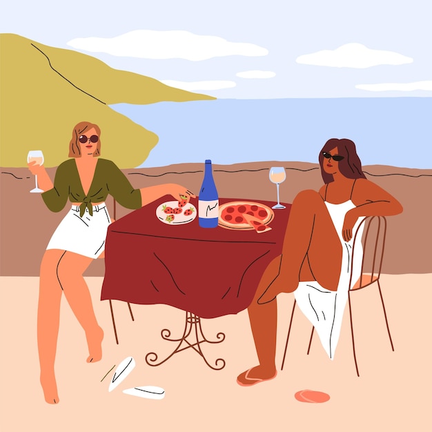 Vecteur les femmes se détendent, mangent de la pizza à la terrasse du café de la plage de la station balnéaire. filles amies buvant du vin à table en plein air au bord de l'eau en bord de mer pendant les vacances d'été détente. illustration vectorielle plane.