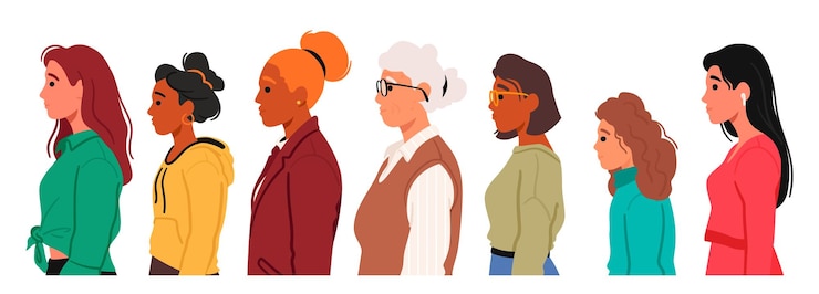 Vecteur les femmes se tiennent dans un profil élégant incarnant la grâce et la force. les personnages féminins adolescents, jeunes adultes et seniors se tiennent en rangée et effectuent un portrait intemporel de la féminité. illustration vectorielle de personnes de dessin animé.
