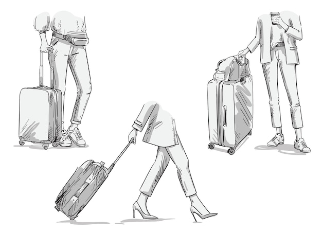 Femmes Voyageant Avec Des Valises à Roulettes, Marchant. Illustration De Bagage De Vecteur