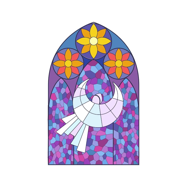 Fenêtre en arc de vitraux d'un temple chrétien avec un motif d'ange blanc et de fleurs rouges.