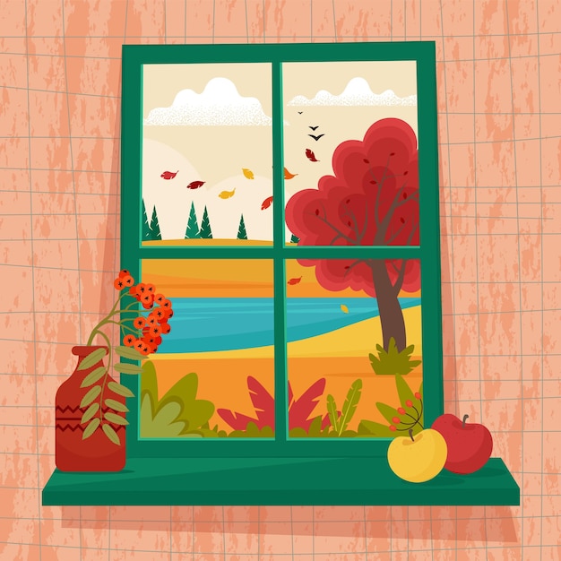 Fenêtre d'automne avec vase de vue avec brindille de Rowanberry et pommes sur l'illustration vectorielle de rebord