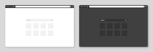 Fenêtre blanche du navigateur Web avec barre d'outils et champ de recherche Page Internet du site Web moderne dans un style plat Modèle de navigateur pour tablette et smartphone Mode sombre de l'interface utilisateur adaptatif Illustration vectorielle