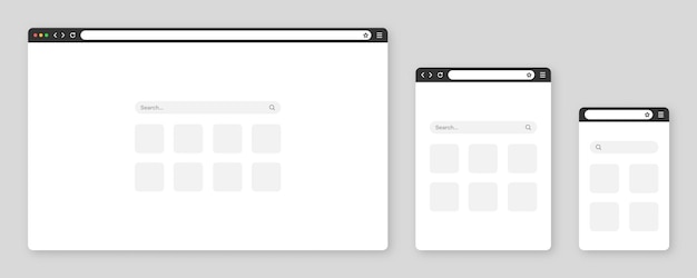Fenêtre blanche du navigateur Web avec barre d'outils et champ de recherche Page Internet du site Web moderne en style plat Modèle de navigateur pour tablette et smartphone Mode clair et sombre Illustration vectorielle