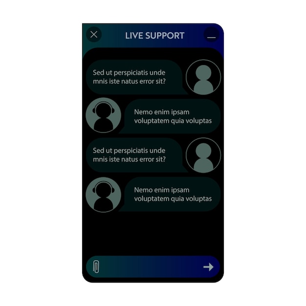 Fenêtre De Chatbot. Mode Nuit Noire. Interface Utilisateur De L'application Avec Dialogue En Ligne. Conversation Avec Un Robot Assistant