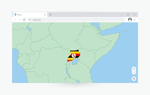 Vecteur fenêtre du navigateur avec la carte de l'ouganda recherchant l'ouganda sur internet