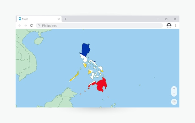 Vecteur fenêtre du navigateur avec la carte des philippines recherchant les philippines sur internet