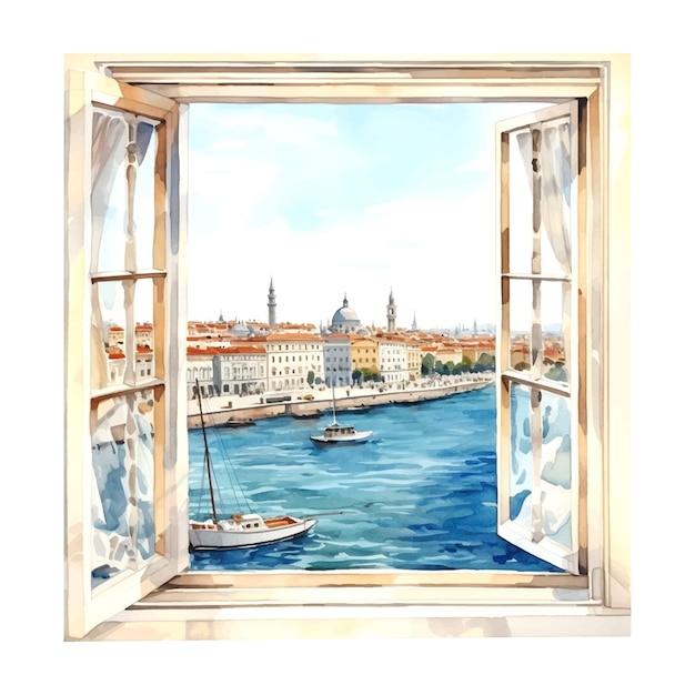 Fenêtre mer istanbul aquarelle sur fond blanc