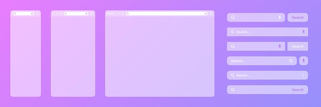 Fenêtre de navigateur Internet transparente vide avec divers modèles de barre de recherche moteur de site Web avec