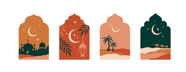 Fenêtres d'arc de mosquée avec paysage arabe Ramadan Kareem Eid Mubarak fête arabe de la religion islamique Cadres de fenêtres de mosquée musulmane avec silhouettes vectorielles de croissant de lune lanterne étoile et palmier