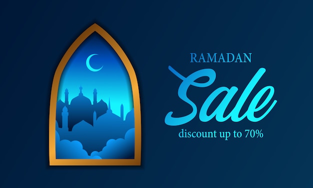 Fenêtres Avec Cadre Doré Avec Ramadan Silhouette Mosquée Bleue