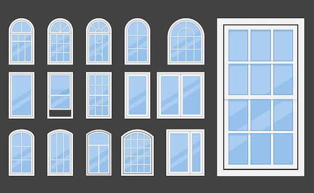 Fenêtres en plastique avec divers types de cadres et fenêtres en verre encadrant le vecteur de collecte de la façade de la fenêtre