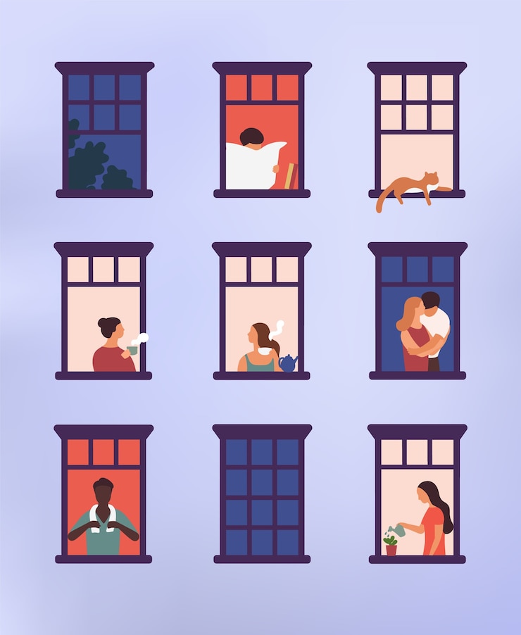 Vecteur fenêtres avec des voisins faisant les choses quotidiennes dans leurs appartements - boire du thé, parler, arroser une plante en pot, étreindre ou câliner, lire le journal