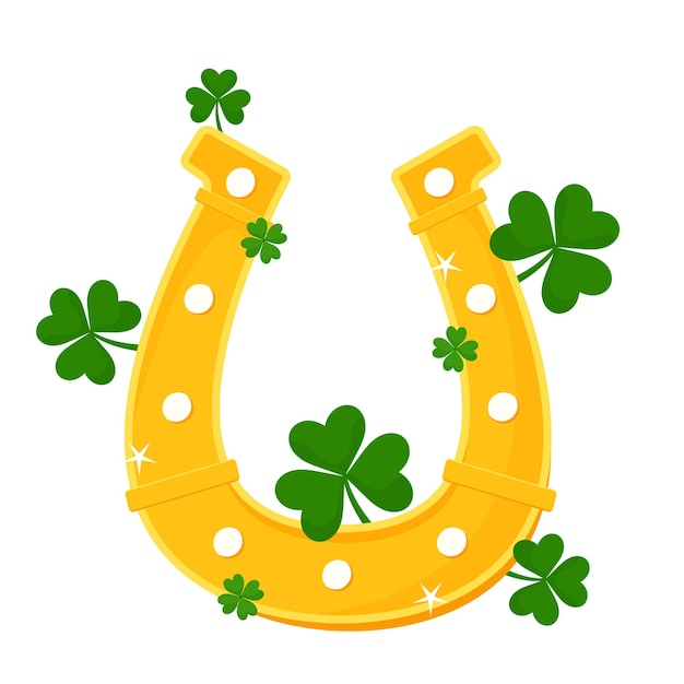 Fer à cheval St Patricks avec trèfle et drapeau de l'Irlande Illustration de vecteur de dessin animé plat isolé sur fond blanc