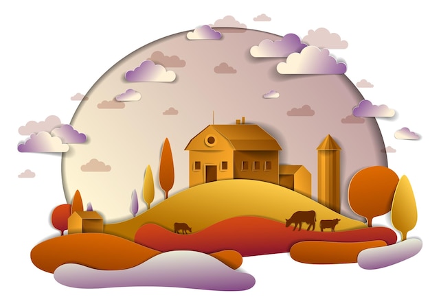 Ferme Dans Un Paysage D'automne Pittoresque De Champs Et D'arbres Et De Bâtiments De Campagne En Bois, Nuages Dans Le Ciel, Ranch De Lait De Vache, Illustration Vectorielle De Campagne à L'automne En Style Papier Découpé.