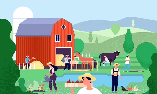Ferme De Dessin Animé Avec Des Agriculteurs. Les Travailleurs Agricoles Travaillent Avec Des Animaux De Ferme Et De L'équipement En Milieu Rural