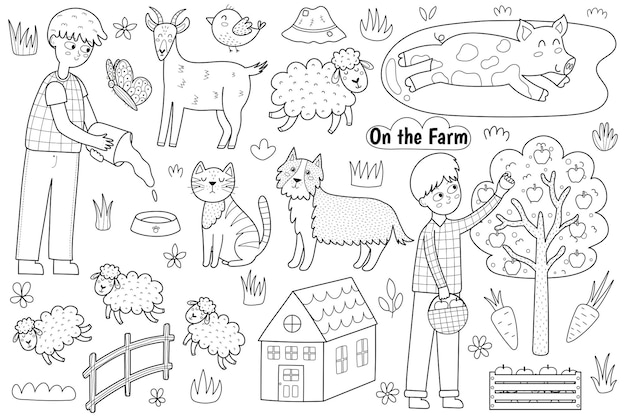 Ferme Mignonne En Noir Et Blanc Avec Des Animaux Et Des Enfants Agriculteurs. Coloriage