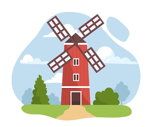 Vecteur ferme rouge bâtiment agriculture et agriculture village rural et scène moulin à vent à green hill durable
