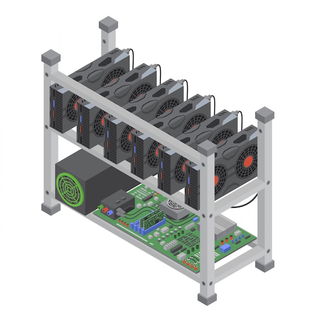 Vecteur ferme unique de minage de devises crypto isométrique avec des cartes vidéo graphiques isolées.