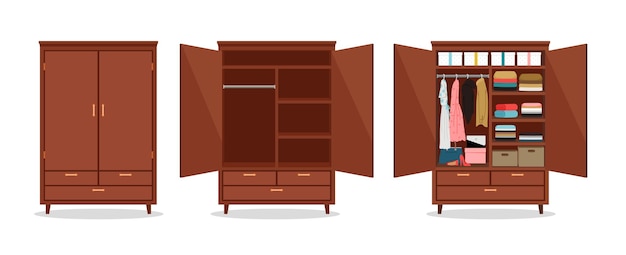 Fermez l'armoire ouverte. Armoires avec vêtements et chaussures, boîtes d'emballage. Illustration vectorielle de placard en bois isolé