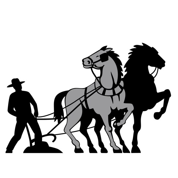 Vecteur fermier et cheval de travail avec char ou char labourant le champ dans le style de coupe sur bois rétro