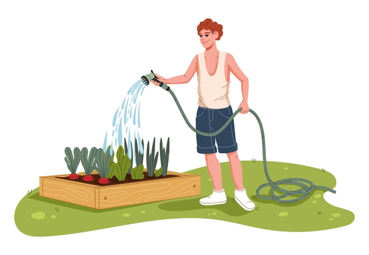 Vecteur fermier joyeux arrosant des légumes dans un lit de jardin