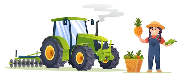 Vecteur fermière mignonne avec des fruits frais et illustration de tracteur