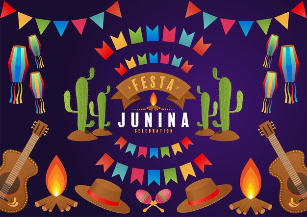 Festa Junina Affiche Juin Festival Folklore Vacances Guitare Accordéon Cactus été Tournesol Feu De Camp