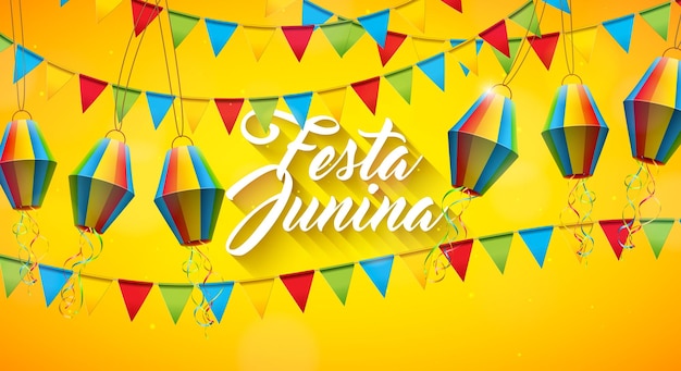 Festa Junina Design avec des drapeaux de fête et des lanternes en papier Brésil Festival des vacances traditionnelles de juin