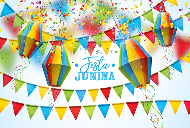 Festa Junina Illustration Avec Drapeaux De Fête Et Lanterne En Papier Sur Fond Blanc.