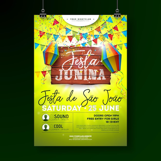 Festa Junina Party Flyer Illustration Avec Planche De Bois Vintage Et Lanterne En Papier Sur Fond Vert