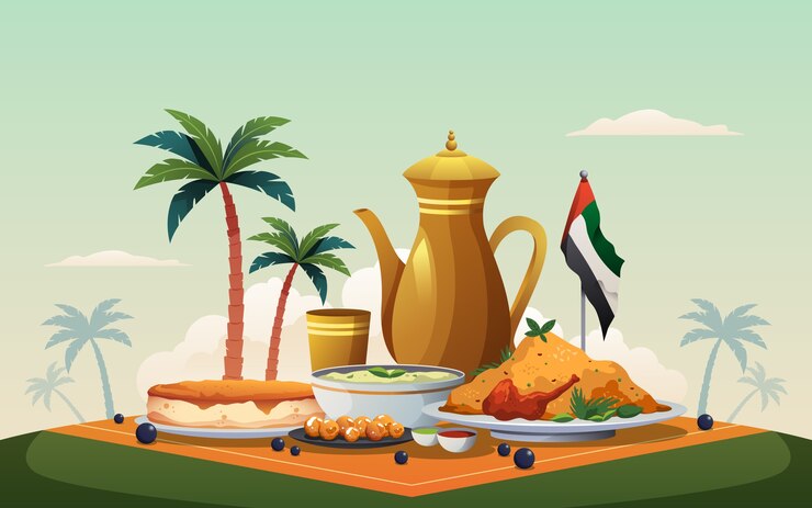 Vecteur un festin traditionnel des émirats avec du café, des dattes et un drapeau