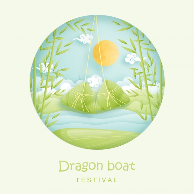 Festival De Bateau Dragon Chinois Avec Des Boulettes De Riz Et Jungle De Bambou, Rivière. Illustration De Style Papier Découpé.