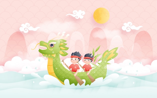 Festival de bateau dragon chinois avec une pagaie de garçon dans des boulettes de rivière et de riz, illustration de personnage mignon.