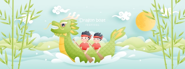 Festival De Bateau Dragon Chinois Avec Pagaie Garçon Dans La Rivière, Course De Bateau Personnage Mignon.