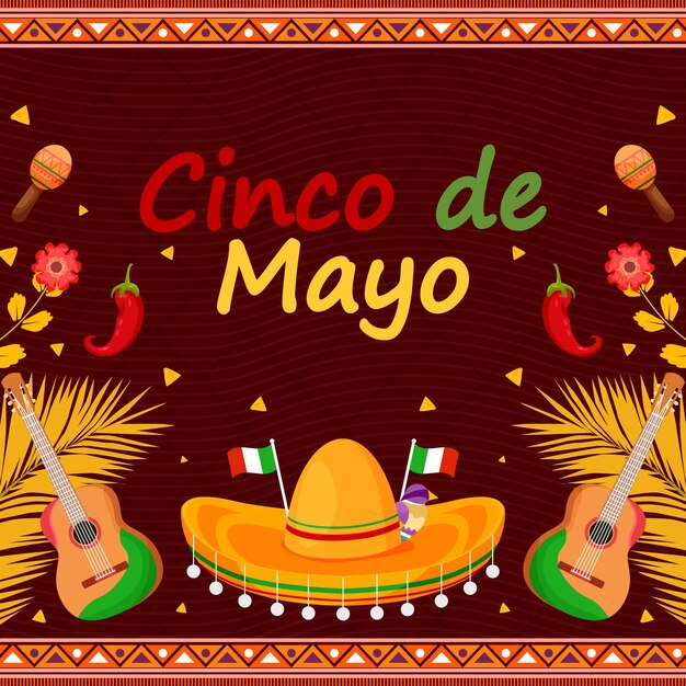 Festival de célébration de vacances plat Cinco De Mayo avec fond de guitare élément particule