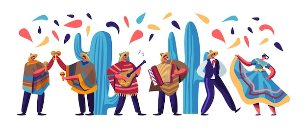 Festival Cinco De Mayo Avec Des Mexicains En Vêtements Traditionnels Colorés, Musiciens Avec Guitare, Dessin Animé Illustration Plate