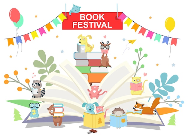 Festival du livre, petit animal intelligent sur une énorme illustration vectorielle de livre ouvert