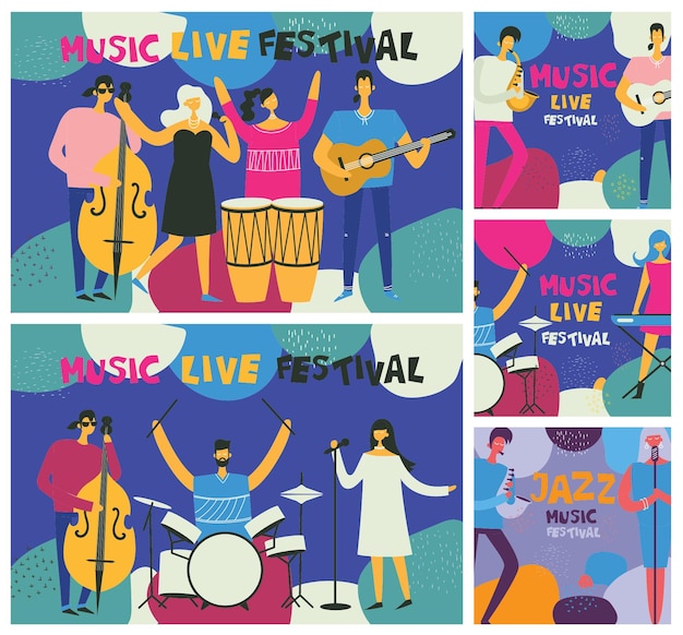 Vecteur festival de jazz coloré musiciens chanteurs et affiches d'instruments de musique ensemble illustration vectorielle isolée à plat