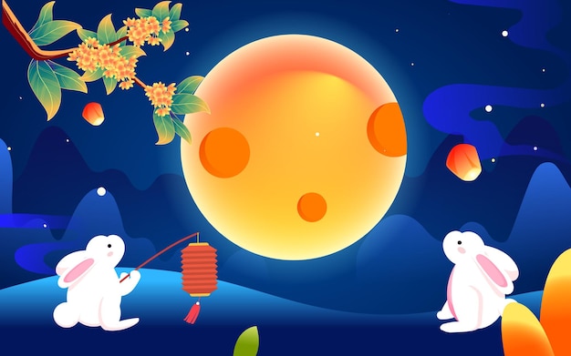Festival de la mi-automne, les lapins regardent la lune dans le ciel, les lanternes Kong ming volent